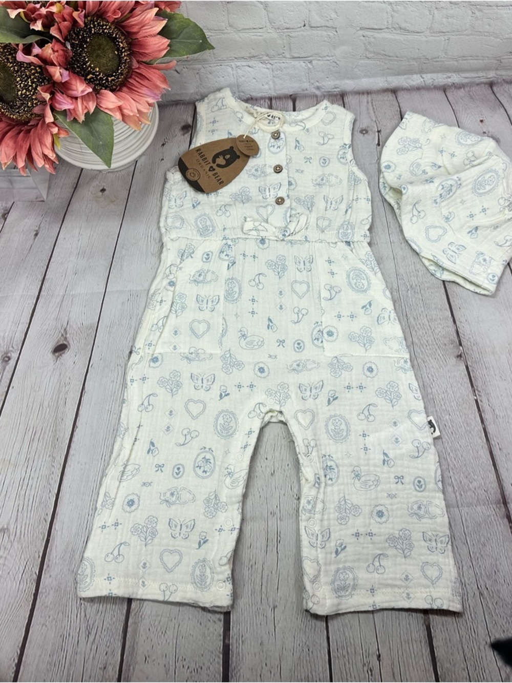 NWT rabbit & bear One-Piece Romper cottagecore heart floral bows butterfly 6-9M